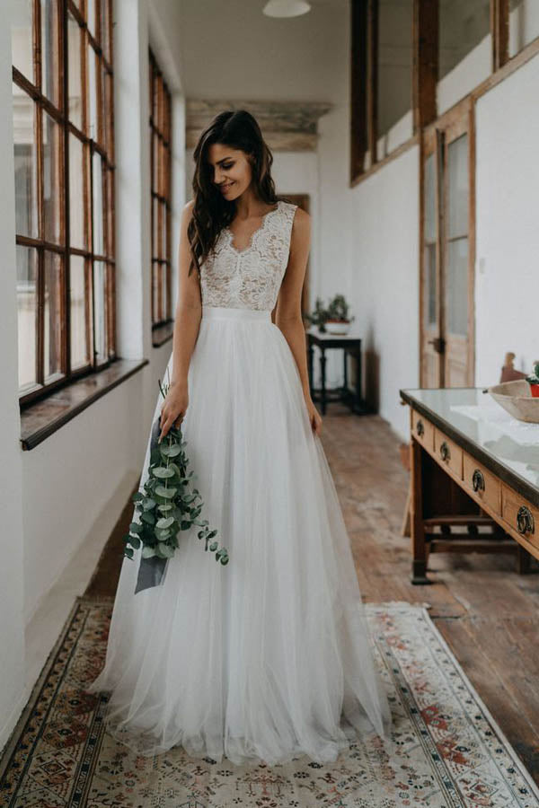 Simple A-ine V-neck Open Back Tulle & Lace Wedding Dresses,Beach Wedding Dresses,MW400 Simple A-ine V-neck Open Back Tulle & Lace Wedding Dresses,Beach Wedding Dresses,MW400