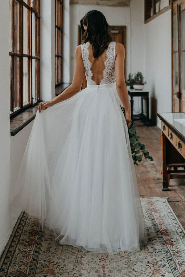 Simple A-ine V-neck Open Back Tulle & Lace Wedding Dresses,Beach Wedding Dresses,MW400 Simple A-ine V-neck Open Back Tulle & Lace Wedding Dresses,Beach Wedding Dresses,MW400