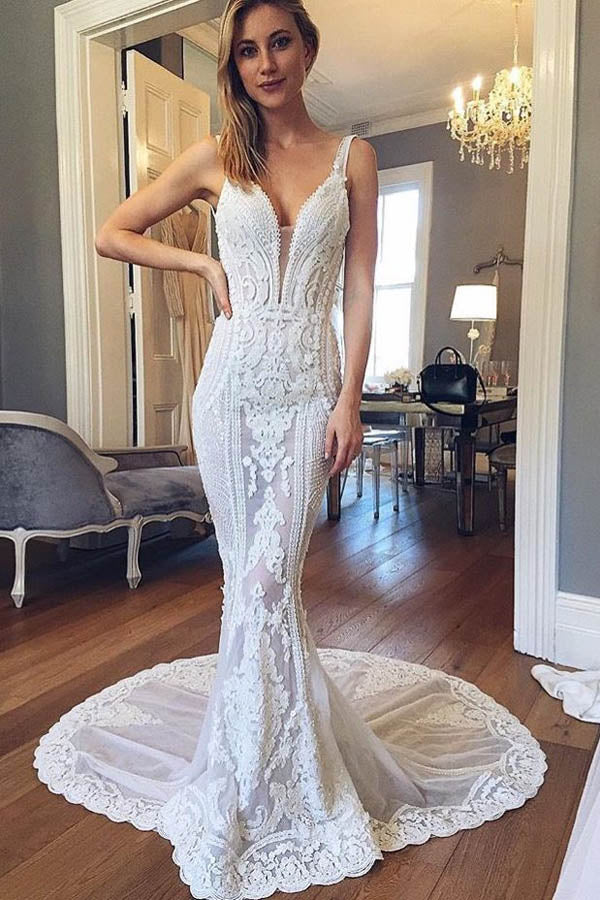 Mermaid V-neck Open Back Lace Wedding Dresses with Train, Gorgeous Wedding Dresses,MW402 Mermaid V-neck Open Back Lace Wedding Dresses with Train, Gorgeous Wedding Dresses,MW402