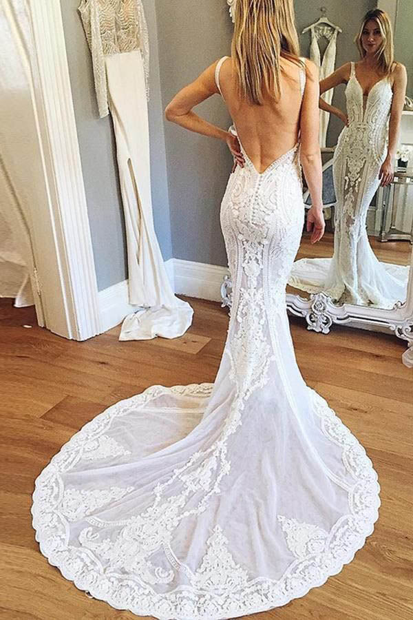 Mermaid V-neck Open Back Lace Wedding Dresses with Train, Gorgeous Wedding Dresses,MW402