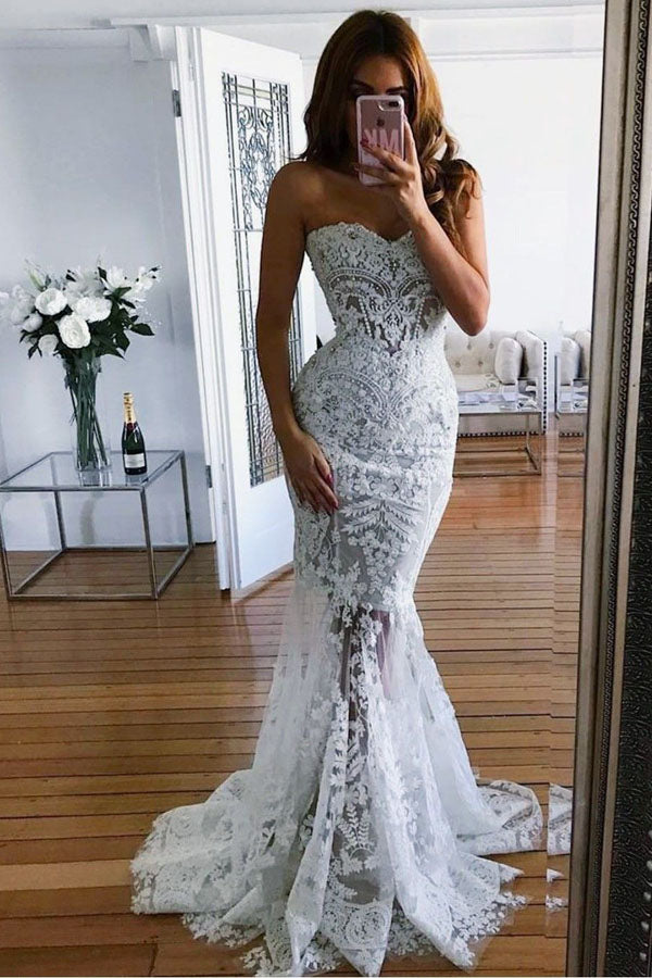 Elegant Lace Mermaid Open Back Beaded Long Wedding Dresses with  Appliques,MW403