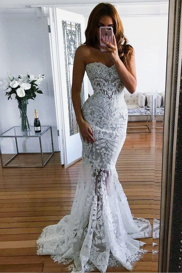 Elegant Lace Mermaid Open Back Beaded Long Wedding Dresses with Appliques,MW403 Elegant Lace Mermaid Open Back Beaded Long Wedding Dresses with Appliques,MW403