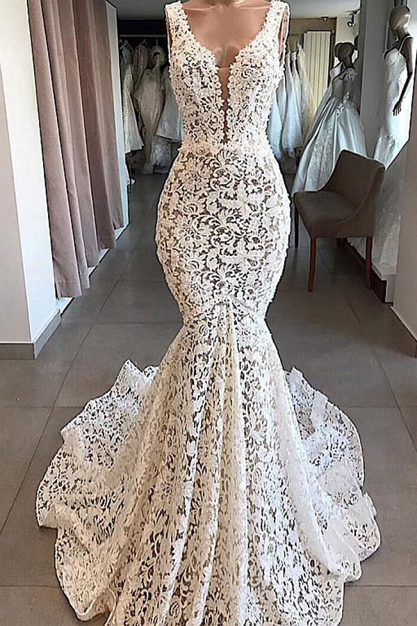 Vintage Mermaid V-neck Open Back Ivory Lace Wedding Dresses, Elegant W Musebridals Vintage Mermaid V-neck Open Back Ivory Lace Wedding Dresses, Elegant W Musebridals