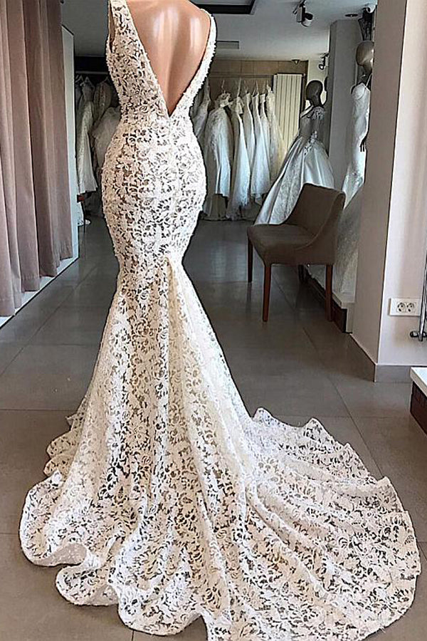 Vintage Mermaid V-neck Open Back Ivory Lace Wedding Dresses, Elegant Wedding Gown,MW405 Vintage Mermaid V-neck Open Back Ivory Lace Wedding Dresses, Elegant Wedding Gown,MW405