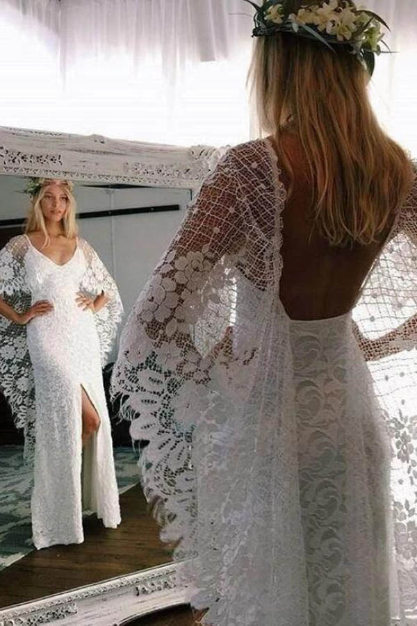 batwing sleeve lace dress Queen LAUREN | Lace Batwing Sleeve Boho Wedding Dress | Customizable Graphic Flowy Lace Bridal Dress