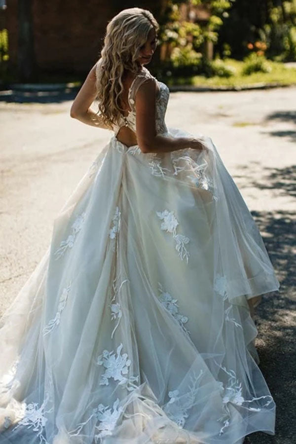 Floral Applique Beach Wedding Dresses Backless Boho Wedding Gown