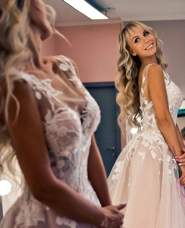 Floral Applique Beach Wedding Dresses Backless Boho Wedding Gown,MW408