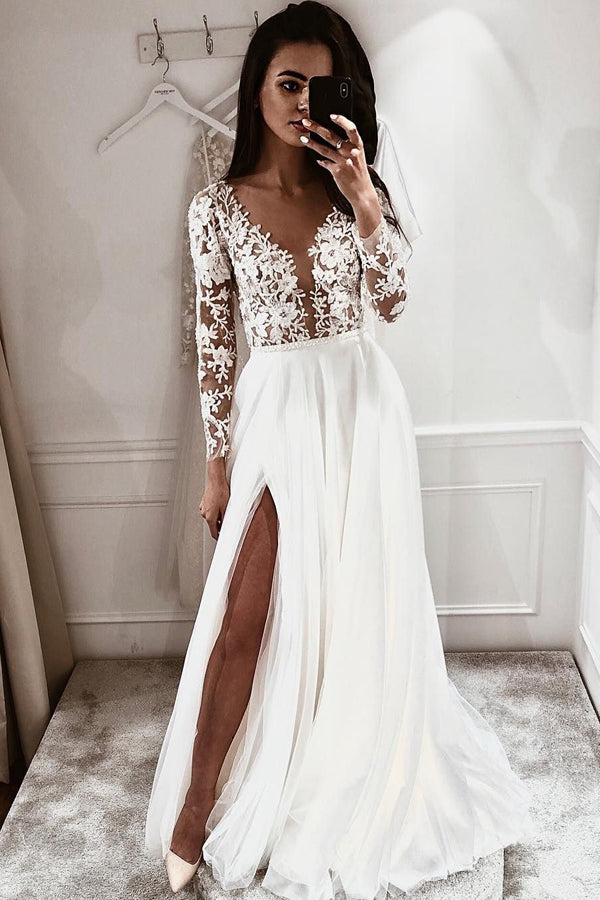 Simple A-line V-neck Open Back Long Sleeves Lace Wedding Dresses