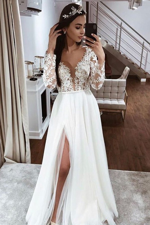 Simple A-line V-neck Open Back Long Sleeves Lace Wedding Dresses with Musebridals Simple A-line V-neck Open Back Long Sleeves Lace Wedding Dresses with Musebridals