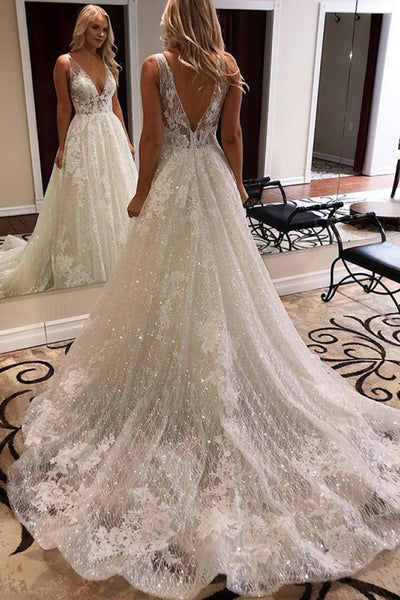 Gorgeous Ball Gown V-neck Open Back Sparkly Lace Wedding Dresses with Appliques,MW412