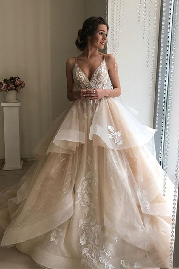 Elegant V-neck Spaghetti Straps Ruffled Tulle Lace Long Wedding Dresse Musebridals Elegant V-neck Spaghetti Straps Ruffled Tulle Lace Long Wedding Dresse Musebridals