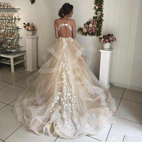 Elegant V-neck Spaghetti Straps Ruffled Tulle Lace Long Wedding Dresse Musebridals Elegant V-neck Spaghetti Straps Ruffled Tulle Lace Long Wedding Dresse Musebridals