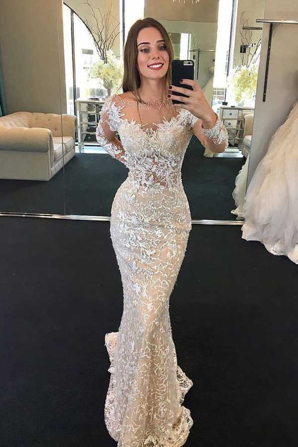 Gorgeous Mermaid Round Neck Long Sleeves Lace Wedding Dresses,Wedding Dresses with Beading,MW416 Gorgeous Mermaid Round Neck Long Sleeves Lace Wedding Dresses,Wedding Dresses with Beading,MW416