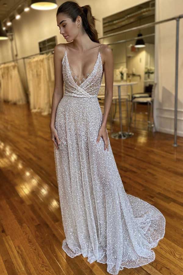 Gorgeous V-neck Spaghetti Straps Sequins Wedding Dresses with