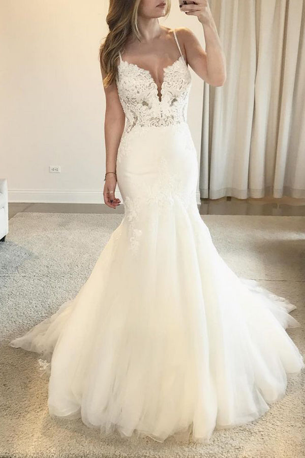low cut back mermaid wedding dresses Boho Mermaid Scoop Neck Open Back Ivory Lace Wedding Dresses with Train,  Vintage Wedding Dresses,MW382
