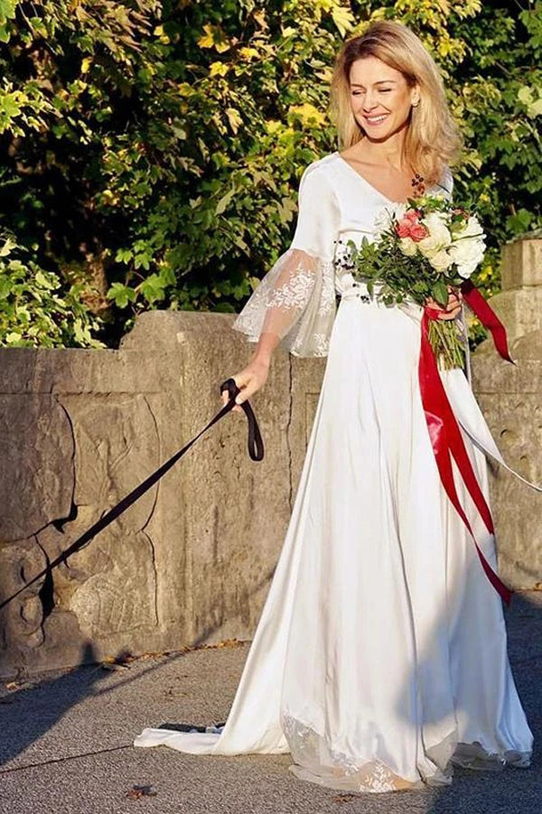 Satin A-line V-neck V Back 3/4 Sleeves Boho Wedding Dress with Lace,MW432 Satin A-line V-neck V Back 3/4 Sleeves Boho Wedding Dress with Lace,MW432
