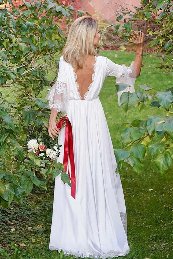 Satin A line V neck V Back 3 4 Sleeves Boho Wedding Dress with Lace MW Musebridals