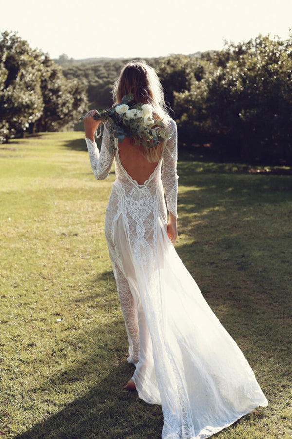 Open Back Wedding Dresses Beautiful Lace Backless Long Sleeve Bridal  Gown,MW435