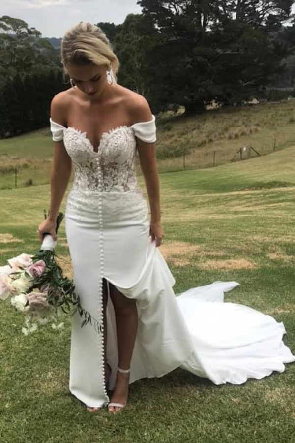 Off The Shoulder Mermaid Sweetheart Chiffon Wedding Dress with Split,M   Musebridals