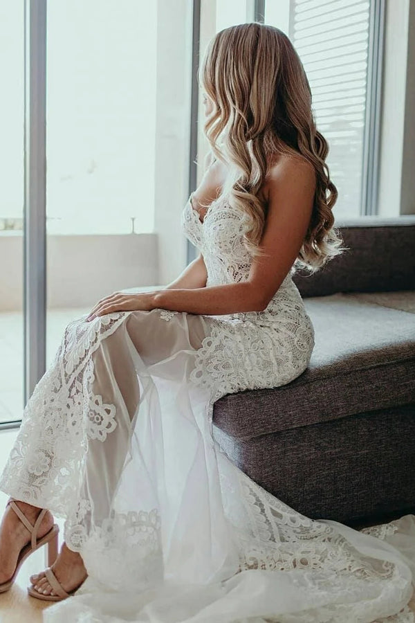 Sweetheart Sheath Lace Appliques Court Train Beach Wedding Dress,MW438 Musebridals Sweetheart Sheath Lace Appliques Court Train Beach Wedding Dress,MW438 Musebridals