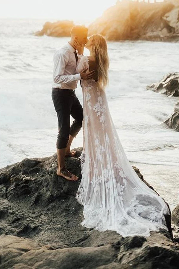 Wonderful Backless A-line Long Sleeves Wedding Dress Boho Bridal Gowns Musebridals Wonderful Backless A-line Long Sleeves Wedding Dress Boho Bridal Gowns Musebridals