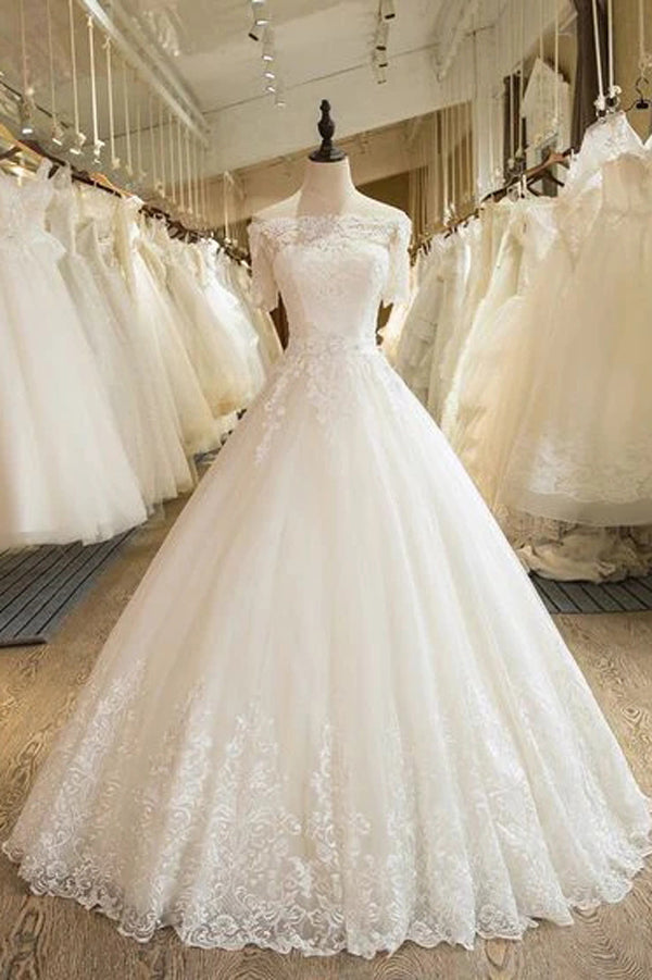 Beautiful Wedding Dresses Off-the-shoulder Ball Gown Lace Ivory Bridal  Gown,MW453