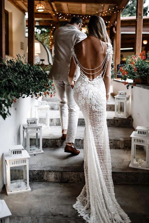 Bateau Unique Lace Wedding Dresses Mermaid long Sleeves Open Back Gowns,MW454 Bateau Unique Lace Wedding Dresses Mermaid long Sleeves Open Back Gowns,MW454