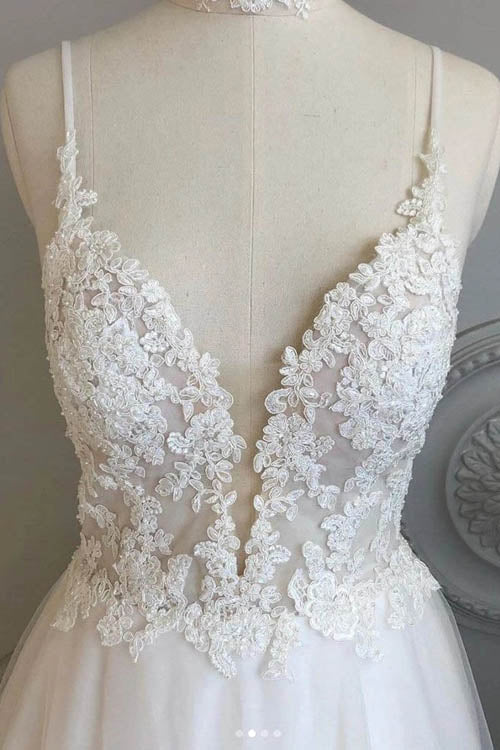 Simple Spaghetti Straps A-line Beach Wedding Dresses Lace Wedding Gowns,MW463