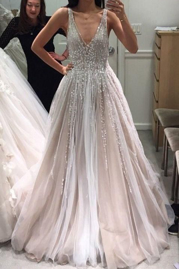 Gorgeous Ball Gown V-neck Open Back Beaded Long Wedding Dresses,MW465 Musebridals Gorgeous Ball Gown V-neck Open Back Beaded Long Wedding Dresses,MW465 Musebridals
