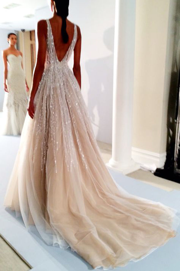 Gorgeous Ball Gown V-neck Open Back Beaded Long Wedding Dresses,MW465 Gorgeous Ball Gown V-neck Open Back Beaded Long Wedding Dresses,MW465