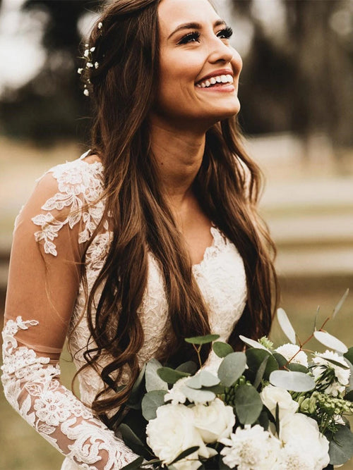 Elegant Mermaid Wedding Dresses Long Sleeves V-neck Lace Bridal Gowns, Musebridals Elegant Mermaid Wedding Dresses Long Sleeves V-neck Lace Bridal Gowns, Musebridals