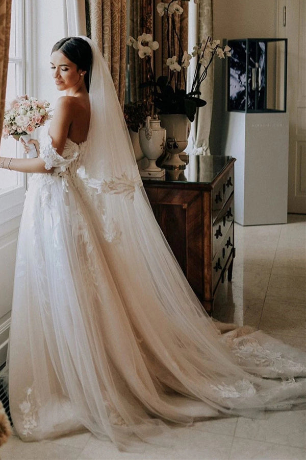 Tulle Off the shoulder A-line Sweep Train Wedding Dresses With Appliques,MW469 Tulle Off the shoulder A-line Sweep Train Wedding Dresses With Appliques,MW469