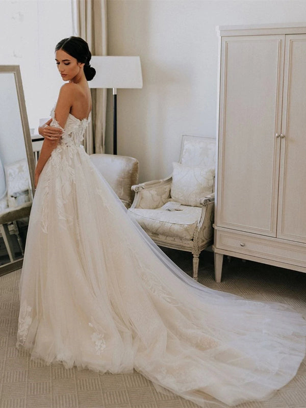 Tulle Off the shoulder A-line Sweep Train Wedding Dresses With Appliqu Musebridals Tulle Off the shoulder A-line Sweep Train Wedding Dresses With Appliqu Musebridals