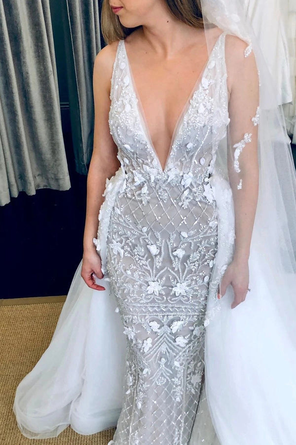 Deep V-Neck Luxury Beaded Mermaid Wedding Dress with Detachable Train, –  Musebridals