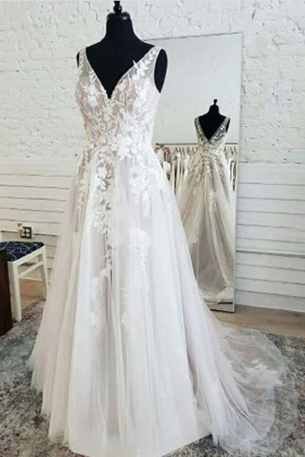 Fairy Tulle A-line V-neck Open Back Lace Sleeveless Long Wedding Dress   Musebridals