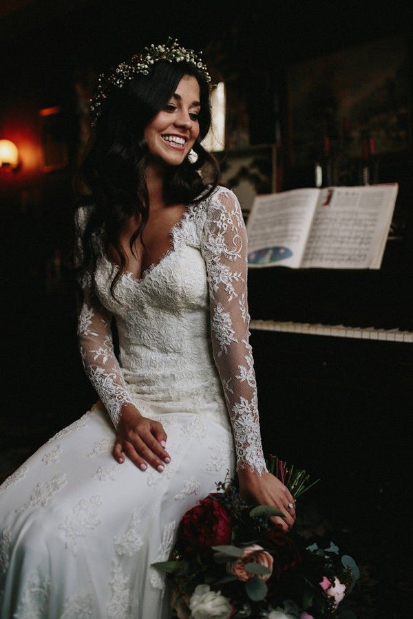 Gorgeous Mermaid V-neck Open Back Lace Long Sleeves Wedding Dresses with Train,MW472 Gorgeous Mermaid V-neck Open Back Lace Long Sleeves Wedding Dresses with Train,MW472