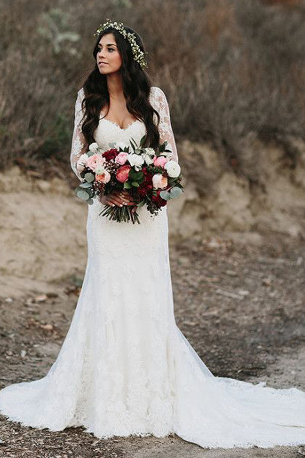Gorgeous Mermaid V-neck Open Back Lace Long Sleeves Wedding Dresses with Train,MW472 Gorgeous Mermaid V-neck Open Back Lace Long Sleeves Wedding Dresses with Train,MW472