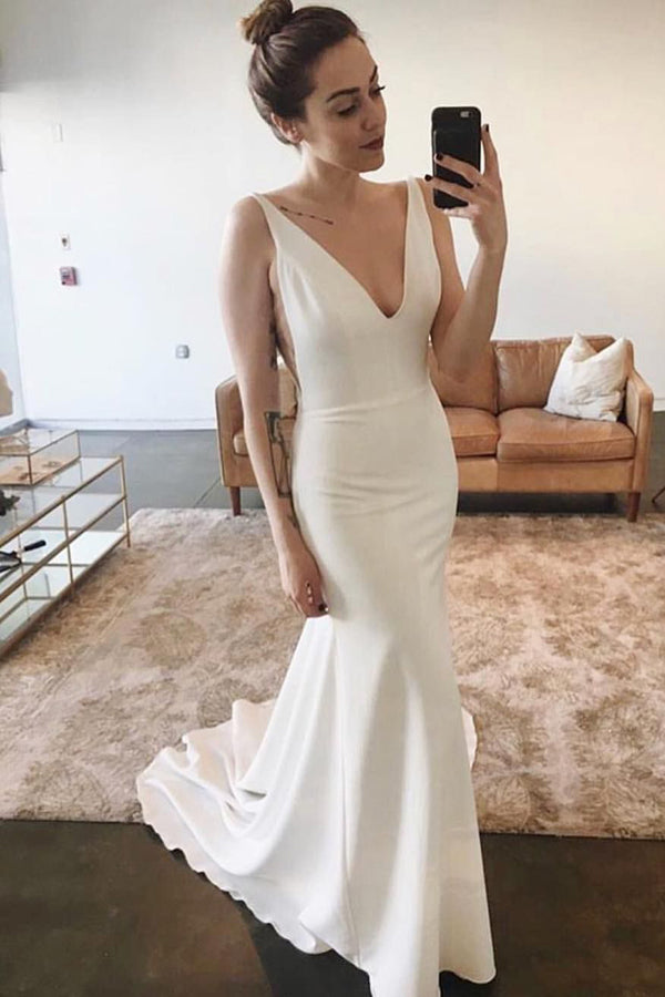 Elegant Mermaid V-neck Open Back Sleeveless Soft Satin Long Wedding Dresses,MW474 Elegant Mermaid V-neck Open Back Sleeveless Soft Satin Long Wedding Dresses,MW474