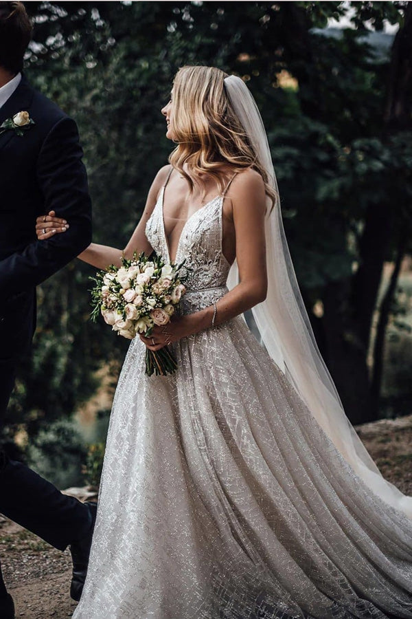 Sparkly Ball Gown V-neck Spaghetti Straps Open Back Sequins Long Wedding Dresses with Train,MW477 Sparkly Ball Gown V-neck Spaghetti Straps Open Back Sequins Long Wedding Dresses with Train,MW477