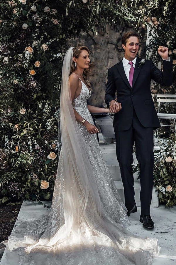 Sparkly Ball Gown V-neck Spaghetti Straps Open Back Sequins Long Wedding Dresses with Train,MW477