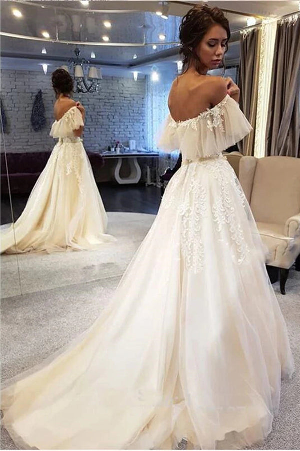 Elegant A-line Off the Shoulder Lace Wedding Dresses,Ruffled Sleeves Wedding Dresses,MW479 Elegant A-line Off the Shoulder Lace Wedding Dresses,Ruffled Sleeves Wedding Dresses,MW479
