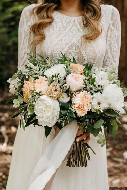 Elegant Scoop Long Sleeve Chiffon Wedding Dresses with Lace Backless Ivory  Bridal Dresses,MW482