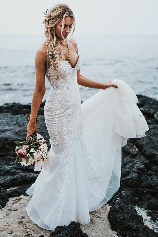 Beach Mermaid Long Sleeve Wedding Dresses with Train Strapless Lace Bridal  Gowns