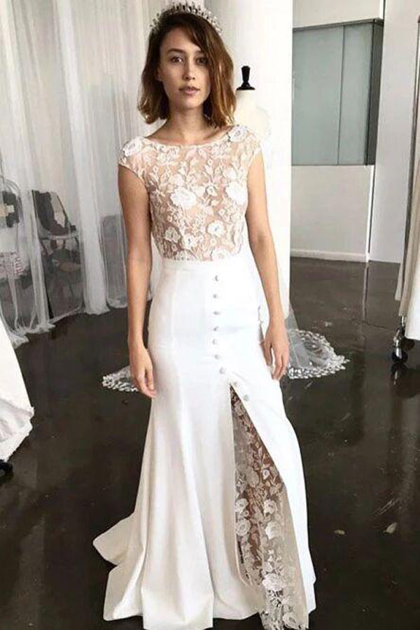 country western lace dresses Zapakasa Women White Boho Lace Sweep Train Western Wedding Dress with Slit  Criss Crossed Back Sheath Cowgirl Wedding Dress with Sleeves
