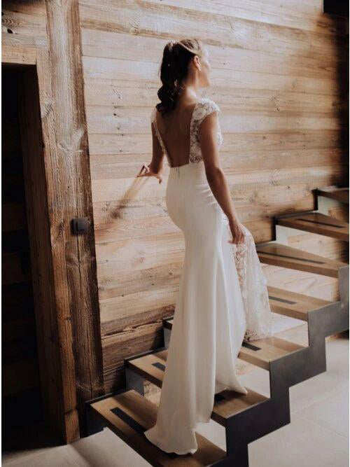 Sheath Bateau Cap Sleeves Sweep Train Lace Wedding Dress with Split,MW487 Sheath Bateau Cap Sleeves Sweep Train Lace Wedding Dress with Split,MW487