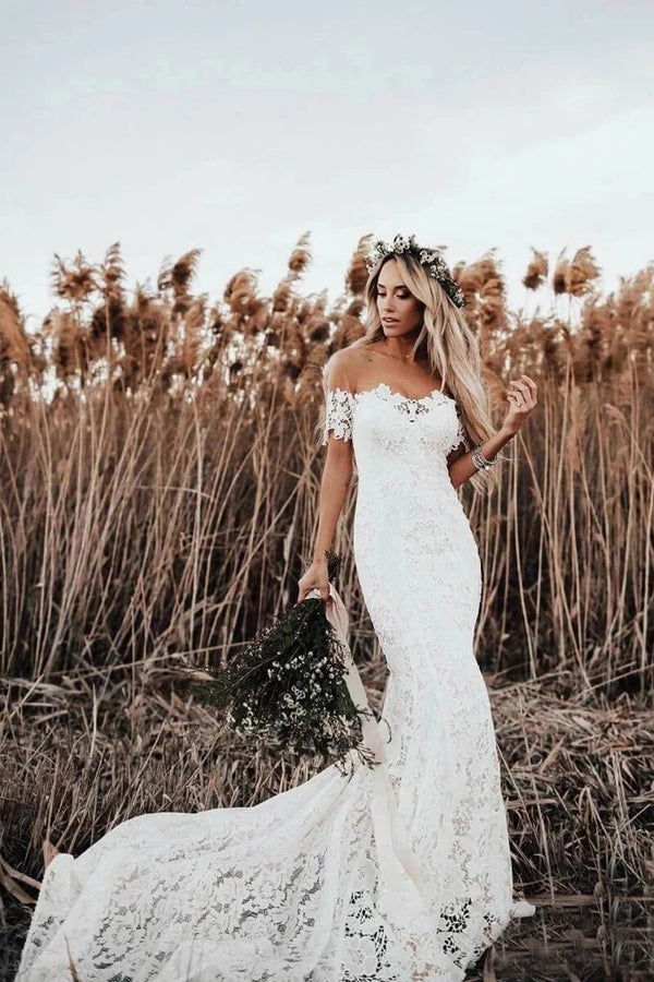 Rustic Mermaid Lace Ivory Wedding Dresses Illusion Neckline Beach Wedding Dress,MW488 Rustic Mermaid Lace Ivory Wedding Dresses Illusion Neckline Beach Wedding Dress,MW488