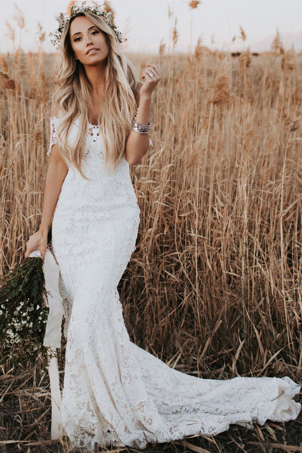 Rustic Mermaid Lace Ivory Wedding Dresses Illusion Neckline Beach Wedding Dress,MW488 Rustic Mermaid Lace Ivory Wedding Dresses Illusion Neckline Beach Wedding Dress,MW488