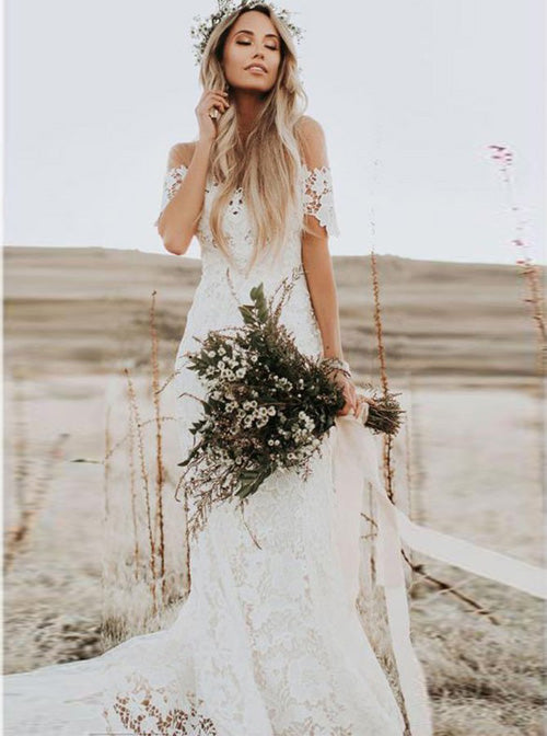 Rustic Mermaid Lace Ivory Wedding Dresses Illusion Neckline Beach Wedding  Dress,MW488