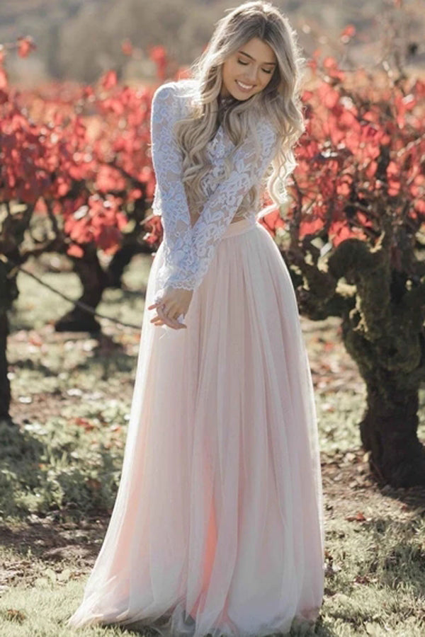 Lace Two Piece Long Sleeve Wedding Dresses Blush Pink Beach Wedding Dr Musebridals Lace Two Piece Long Sleeve Wedding Dresses Blush Pink Beach Wedding Dr Musebridals
