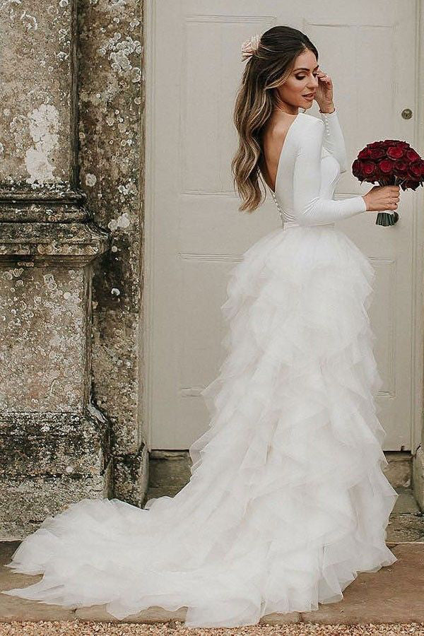 knee length dresses for ladies Simple Long Sleeve Ivory White Wedding Dresses with Ruffle Skirt,MW497 knee length dresses for ladies Simple Long Sleeve Ivory White Wedding Dresses with Ruffle Skirt,MW497
